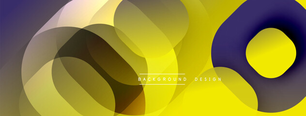 Poster - Circular abstract design with overlapping translucent circles and round shapes, blending gradients and smooth curves, creating depth, contrast, and a dynamic visual effect