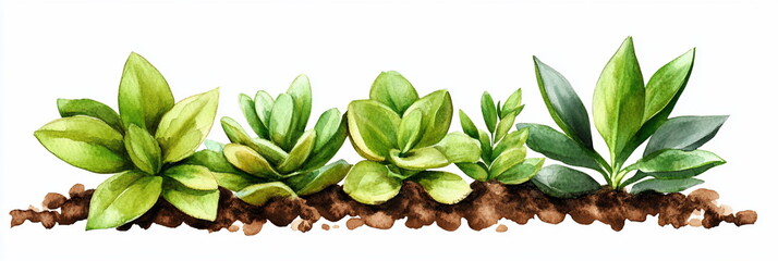 Aufkleber - Watercolor painting of succulent plants in a row lush green foliage brown soil garden design botanical illustration nature home decor