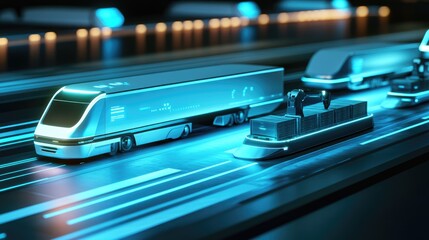 Poster - A futuristic automated freight terminal with AI-controlled robotic arms loading cargo onto self-driving trucks.