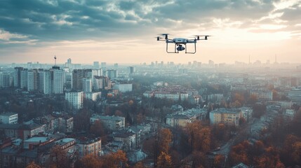 Poster - A futuristic cargo drone flying over a busy city, making autonomous deliveries with precision.