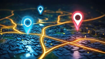 Poster - A futuristic city map with a glowing GPS navigation overlay, highlighting optimized routes, traffic density, and real-time location tracking.