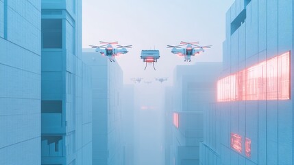 Poster - A futuristic city with sky lanes dedicated to AI-controlled drone deliveries.