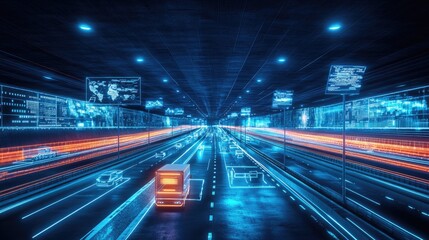 Poster - A futuristic control center monitoring GPS-tracked vehicles with AI-assisted navigation optimization.