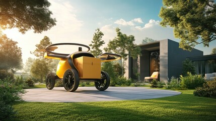 Poster - A futuristic drone with a secure cargo compartment delivering a box to a smart home.
