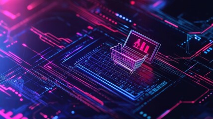 Poster - A futuristic e-commerce logo with a sleek laptop symbol and high-tech shopping cart integration.