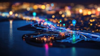 Poster - A futuristic GPS navigation system with voice recognition, augmented reality overlays, and AI-powered route suggestions.