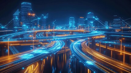 Poster - A futuristic highway interchange with glowing IoT-enabled sensors optimizing real-time traffic flow.