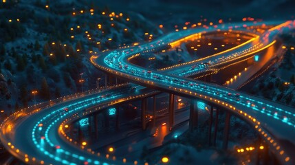 Poster - A futuristic highway interchange with glowing IoT-enabled sensors optimizing real-time traffic flow.