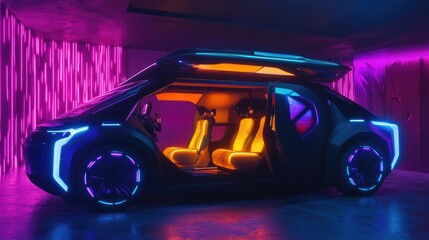 Poster - A futuristic self-driving taxi with an AI-controlled interface, offering passengers an immersive digital experience.