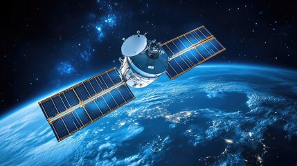 Poster - A global positioning satellite in space transmitting signals to GPS navigation systems on Earth.