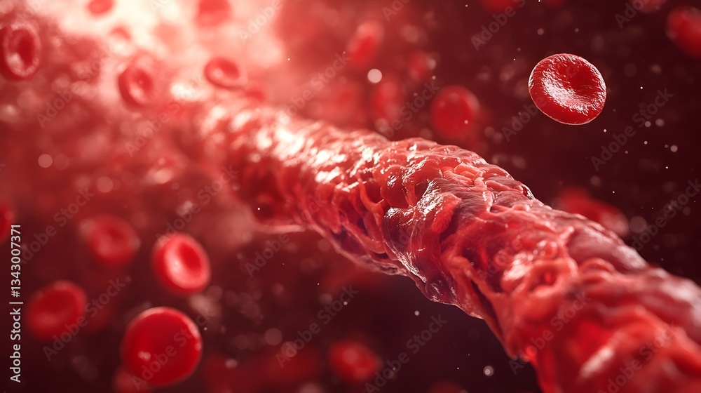 Microscopic view of red blood cells flowing through a human artery ...