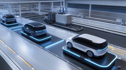 Poster - A high-tech car assembly line using robotic automation to construct next-generation electric and self-driving vehicles.
