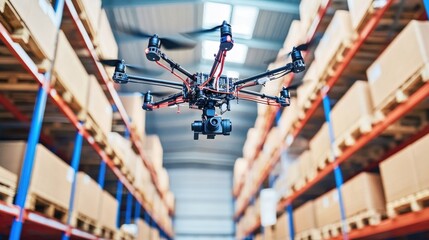 Poster - A high-tech drone hovering over a warehouse, scanning barcodes for automated sorting.