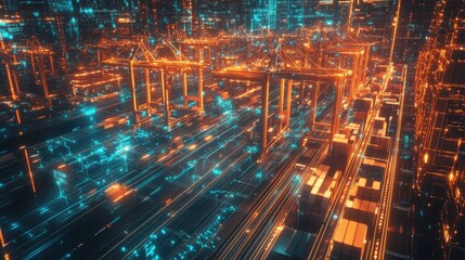 Poster - A high-tech shipping network integrating AI-driven fleet management, smart ports, and automated logistics operations.