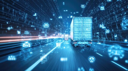 Poster - A high-tech transport hub with AI-assisted digital logistics, smart traffic management, and predictive analytics for freight movement.