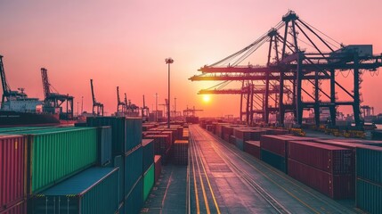 Poster - A highly automated industrial port featuring robotic cranes and AI-driven freight management.