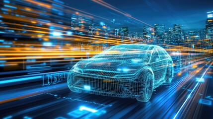 Poster - A hydrogen fuel-cell powered vehicle driving on a futuristic road, surrounded by AI-controlled urban traffic.