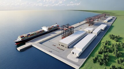 Poster - A large cargo port with container ships, loading cranes, and an organized shipping infrastructure.