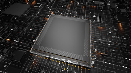 Poster - microchip sits prominently on a dark circuit board surrounded by complex electrical pathways. Design highlights innovation in technology with glowing components and intricate connections. 3d render