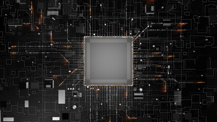 Poster - Visualizing a modern circuit board with a central processor surrounded by detailed electronic pathways, showcasing elements of technology and circuitry in a bold design. 3d render