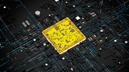 Poster - yellow microchip sits prominently at the center of a dark circuit board, illuminated by bright blue lines connecting various components, showcasing advanced technology and design elements. 3d render