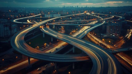 Poster - A modern multi-level highway interchange with smooth traffic flow, illuminated by streetlights at dusk.
