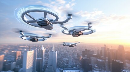 Poster - A next-generation drone delivery system with autonomous aircraft dropping off packages in an urban setting.