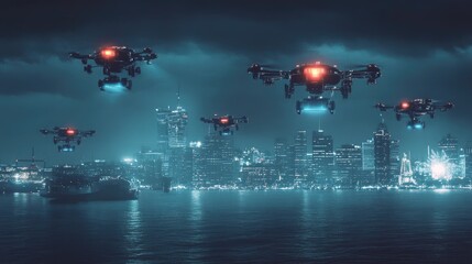 Poster - A night-time cityscape with neon-lit sky highways filled with coordinated autonomous flying vehicles.