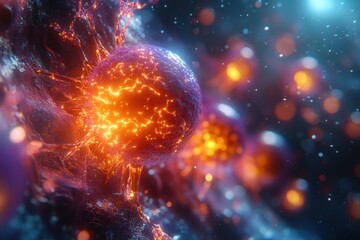 Wall Mural - glowing purple sphere shows bright orange energy cracking on its surface in a dark cosmic background
