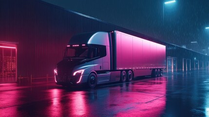 Poster - A self-driving electric truck in a futuristic logistics hub, managed by AI-driven warehouse automation systems.