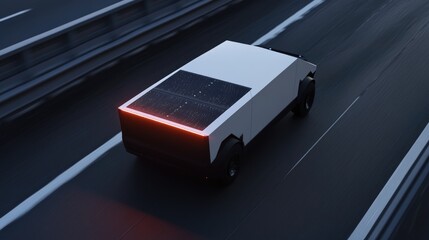 Poster - A solar-powered autonomous vehicle cruising on a futuristic highway, utilizing AI-assisted navigation and smart energy efficiency.