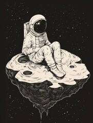 astronaut sitting on a fragment of a planet, with stars and space in the background, black and white