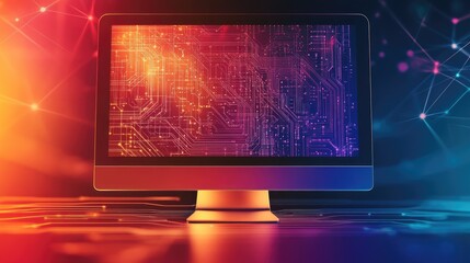 Poster - Minimalist computer logo with a sleek monitor icon and abstract circuit lines on a dark gradient background.