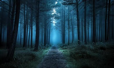 Wall Mural - Mysterious Forest Path in Twilight with Tall Trees and Soft Fog Evoking a Sense of Wonder and Exploration in Nature's Beauty