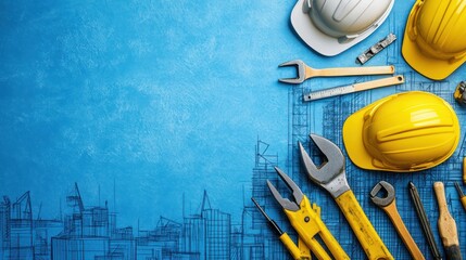 Construction tools and blueprints