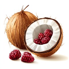 Poster - A vibrant image of a halved coconut filled with raspberries. Tropical and tempting! Refreshing Coconut Drink Isolated on white background