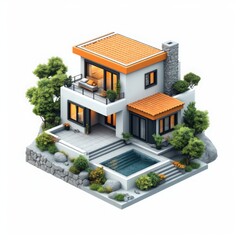 Poster - Country cottage modern minimalistic design, isometric 3D icon, on white background