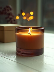 Poster - warm, glowing candle sits elegantly on wooden surface, casting soft light that creates cozy atmosphere. blurred background features gentle bokeh lights, enhancing serene ambiance