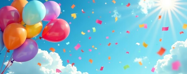 vibrant balloons and confetti floating on sky blue backdrop, festive, happiness, joy