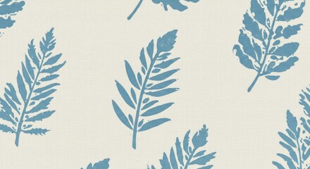 Poster - Serene Leafy Pattern: A repeating pattern of elegant blue leaves on a soft beige background, evoking a sense of calm and organic simplicity. 