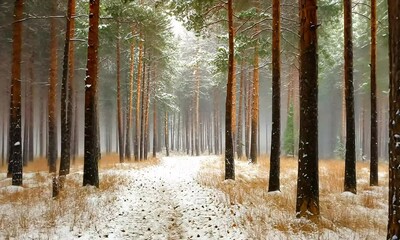 Wall Mural - Serene Snowy Forest Path Surrounded by Tall Evergreen Trees and Soft Light Filtering Through the Misty Atmosphere in Winter Wonderland