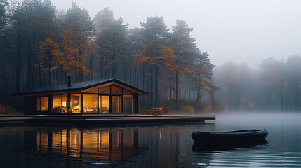 Poster - modern cabin woods reflects beautifully calm lake surrounded by misty trees, creating serene and tranquil atmosphere. warm glow from cabin windows contrasts with cool fog, inviting sense of peace