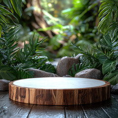 Poster - wooden podium surrounded by lush green foliage and smooth stones creates serene and natural setting, perfect for presentations or displays. vibrant greenery adds refreshing touch to scene