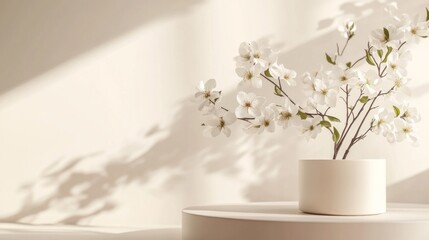 Poster - A charming arrangement of white flowers sits gracefully in a modern pot on a round table, illuminated by the gentle morning light that enhances the serene ambiance