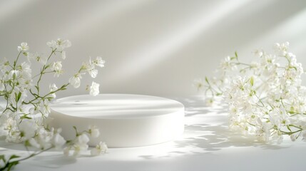 Poster - A serene white circular platform is gently surrounded by soft, delicate flowers, casting subtle shadows on a light backdrop. The setting offers a calming and artistic ambiance