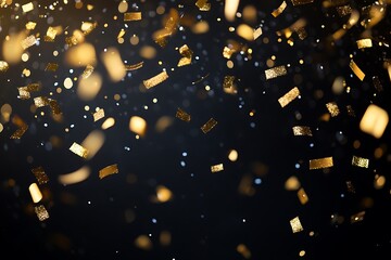 Poster - Glittering Golden Confetti Falling on Black Background, Festive Celebration Image