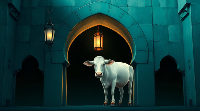 Happy Eid Al Adha, Dhu al-Hijjah, Islamic Festivals, A Cow With Lantern In Mosque, festival of sacrifice, Major Islamic holiday celebrated worldwide, Generative Ai
