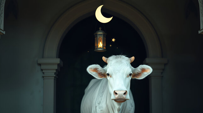 Happy Eid Al Adha, Dhu al-Hijjah, Islamic Festivals, A Cow With Lantern In Mosque, festival of sacrifice, Major Islamic holiday celebrated worldwide, Generative Ai