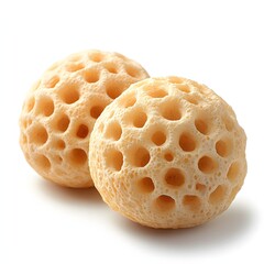 Poster - Two beige, honeycomb-like objects are presented in close-up, showcasing their intricate texture and pattern against a white background. Pani Puri Isolated on white background