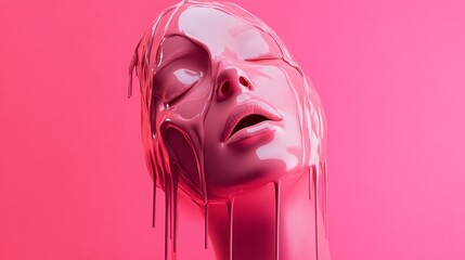 Poster - A mannequin's face is drenched in glossy pink substance, capturing an ethereal moment. The vibrant colors and smooth textures create an otherworldly ambiance that engages the viewer's imagination
